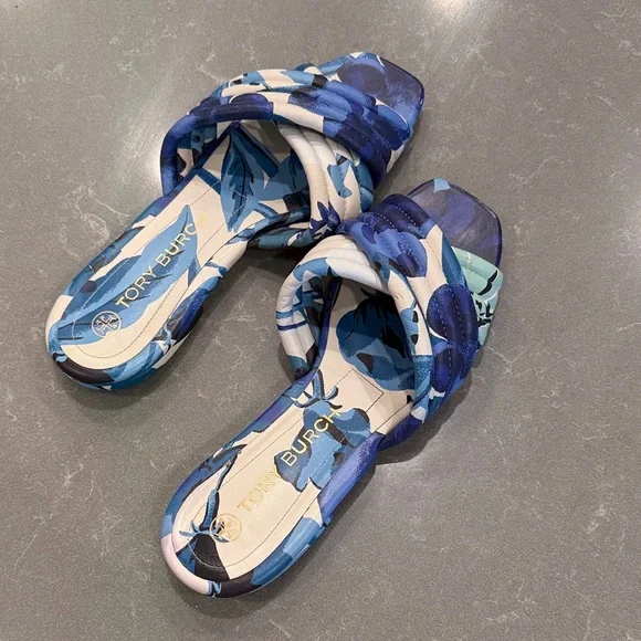 Tory Burch Blue and White Knotted Floral Slide Sandals - Picture 1 of 7